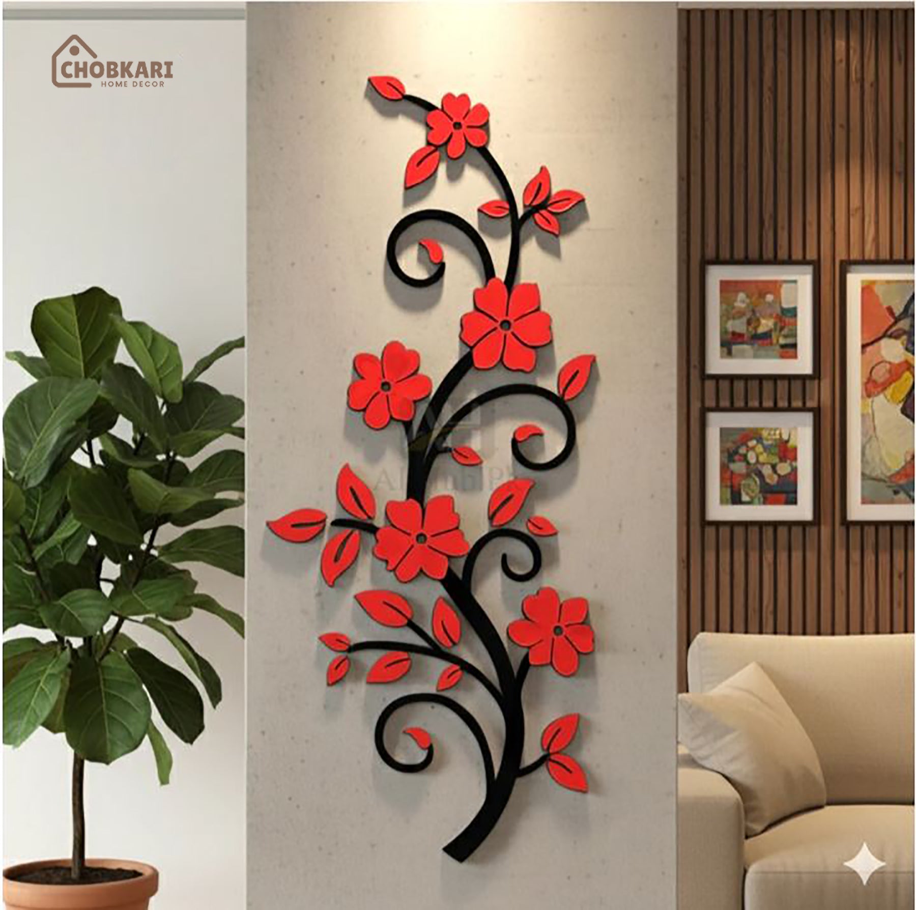 Creative Red Flower Vase Wooden Wall Art – Modern Floral Home Decor