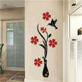 Flower Wooden Vase Wall Decor – Red & Black Floral Bird Wall Art