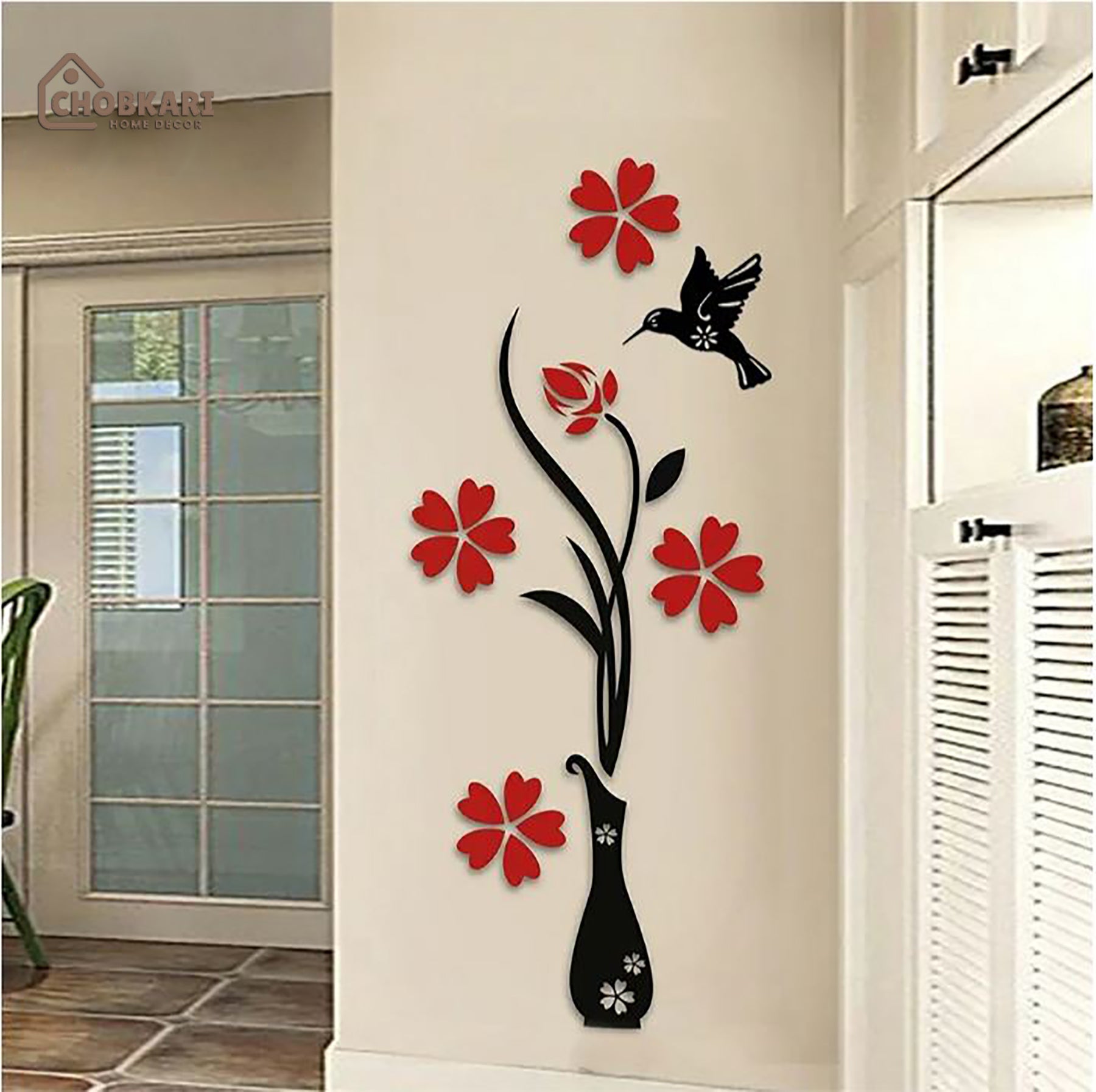 Flower Wooden Vase Wall Decor – Red & Black Floral Bird Wall Art