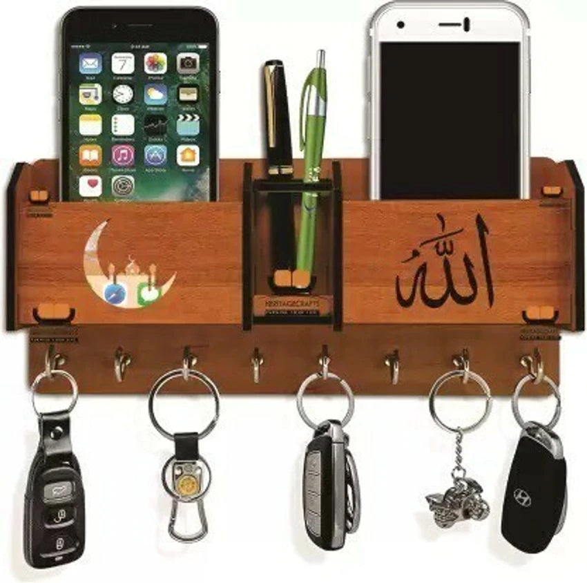 Multipurpose Wooden Key Holder with Mobile Stand – Islamic Wall Organizer