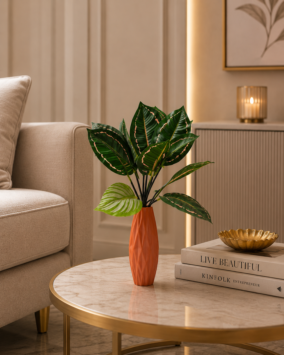 Artificial Calathea Plant with Orange Ceramic Vase – Decorative Faux Indoor Plant for Living Room, Office & Home Décor (Ch084)