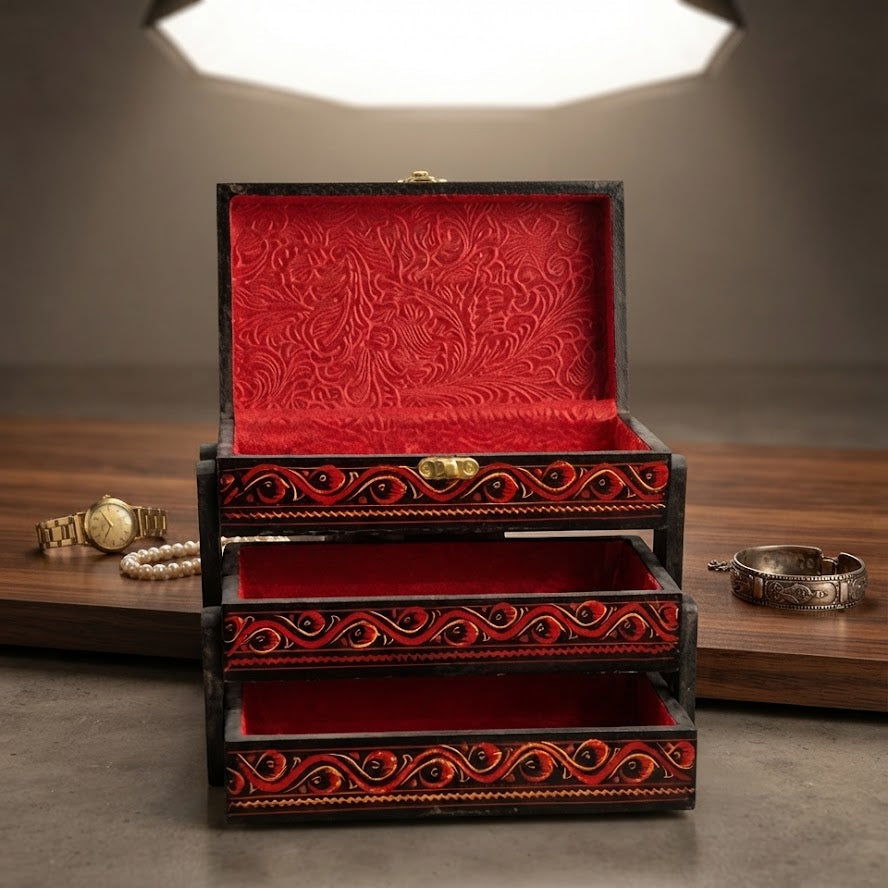 Handcrafted Wooden Jewelry Box with Velvet Lining & 2 Drawers – Decorative Organizer for Jewelry & Keepsakes