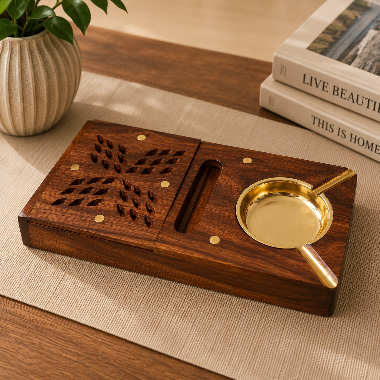 Handcrafted Wooden Ashtray with Cigarette Storage Box & Brass Ash Bowl – Premium Smoking Organizer