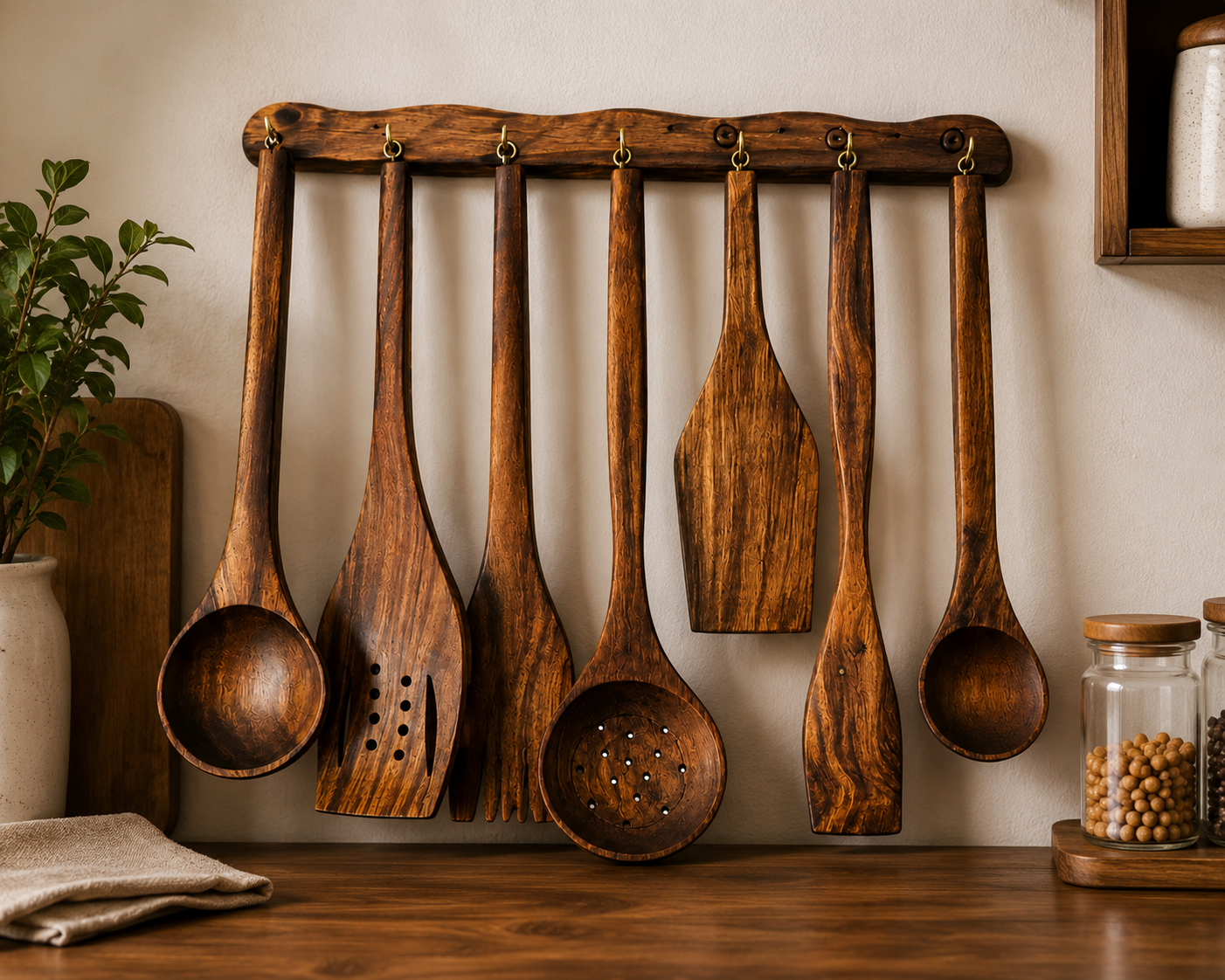 Handcrafted Wooden Kitchen Utensil Set with Hanging Rack | Premium Wooden Cooking & Serving Tools