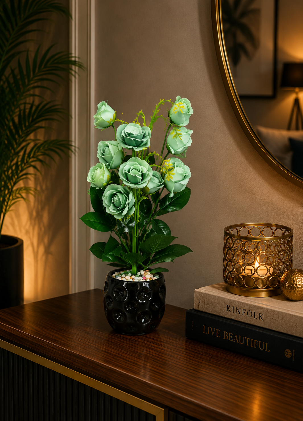 Luxury Artificial Mint Green Rose Flower Arrangement in Black Ceramic Vase | Elegant Modern Tabletop Home Decor CH 0048