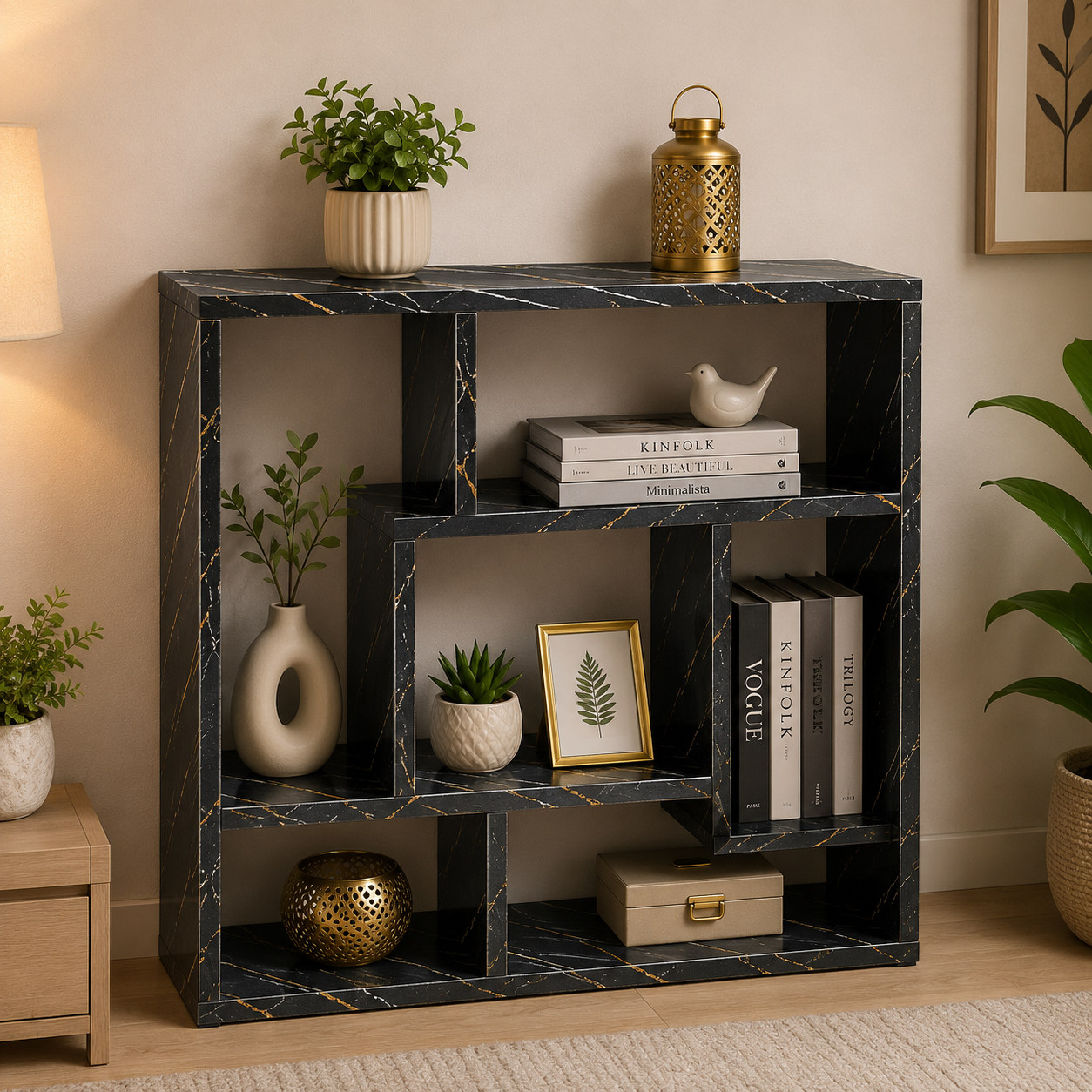 Modern Black Marble Wooden Display Shelf | Multi-Compartment Storage Organizer | Decorative Bookcase for Living Room, Office & Bedroom WS 0113