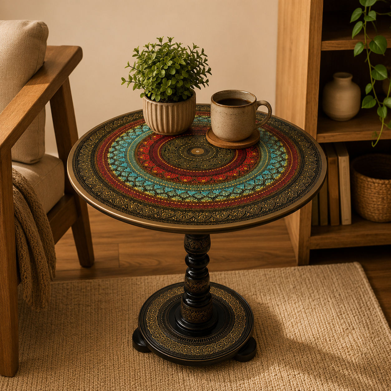 Hand-Painted Black & Gold Naqashi Wooden Coffee Side Table  | Luxury Home Décor