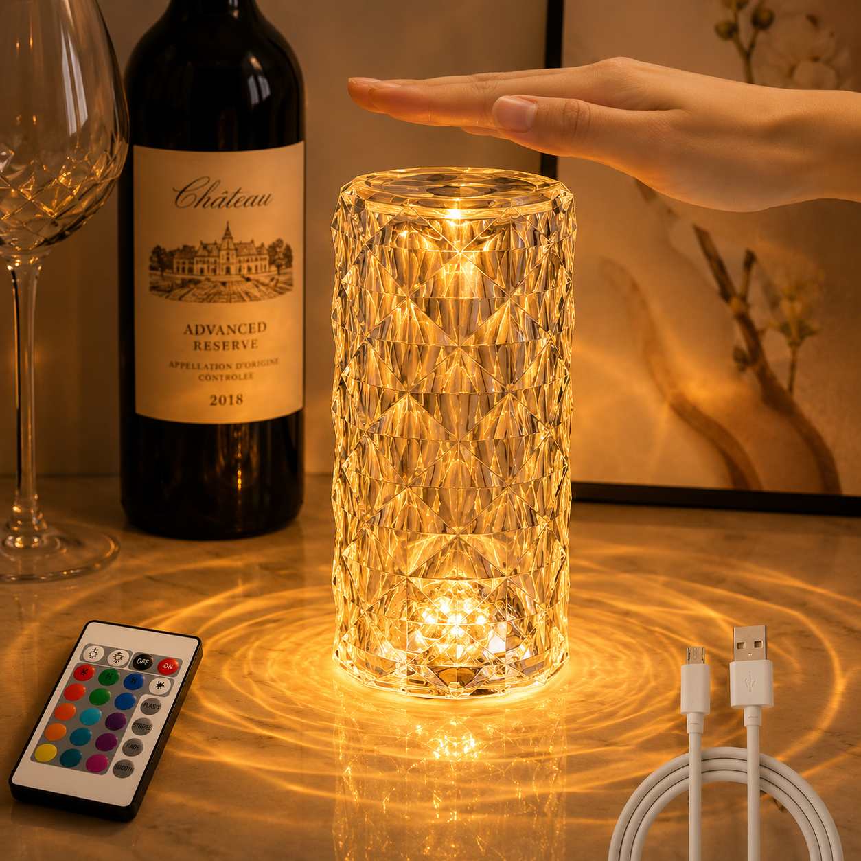 Luxury Rechargeable Crystal Touch Table Lamp with Remote – Dimmable RGB LED Bedside Lamp