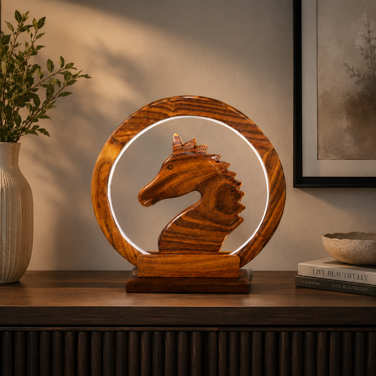 Handcrafted Sheesham Wood LED Lamp – Decorative Animal Night Light for Home & Office