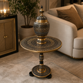 Hand-Painted Black & Gold Naqashi Wooden Coffee Side Table with Decorative Lidded Vase | Luxury Home Décor
