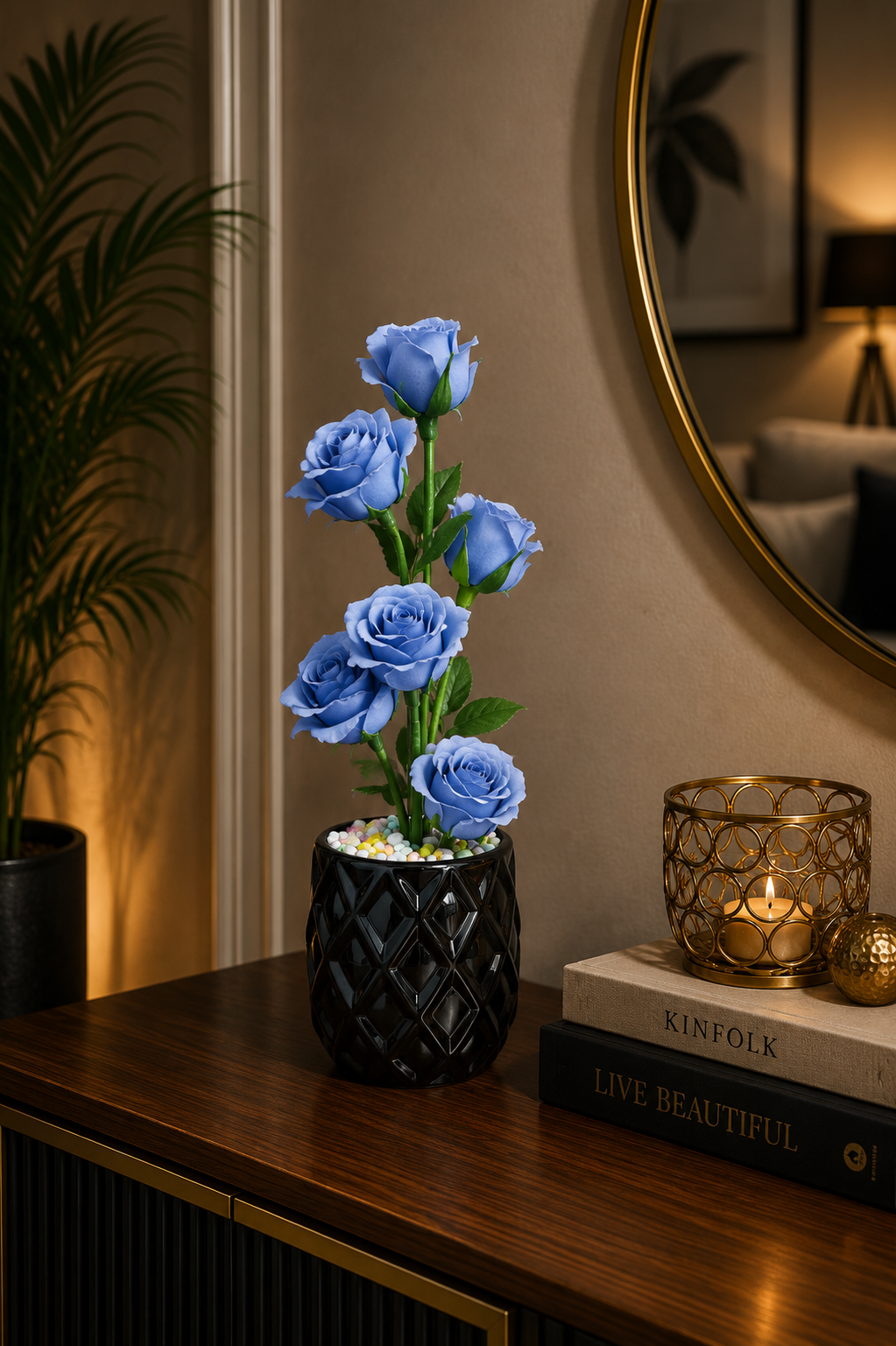 Luxury Artificial Blue Rose Flower Arrangement in Black Ceramic Vase | Elegant Modern Tabletop Home Decor CH 0047