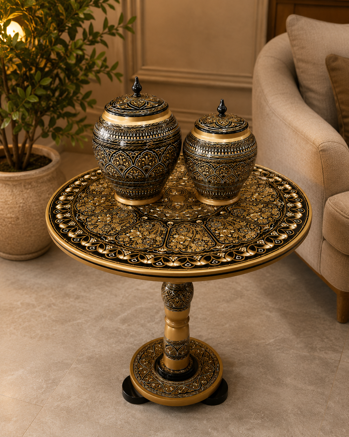 Hand-Painted Black & Gold Naqashi Wooden Coffee Side Table with Decorative Jar Set | Luxury Home Décor