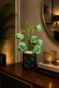 Luxury Artificial Mint Green Rose Flower Arrangement in Black Ceramic Vase | Elegant Modern Tabletop Home Decor CH 0051