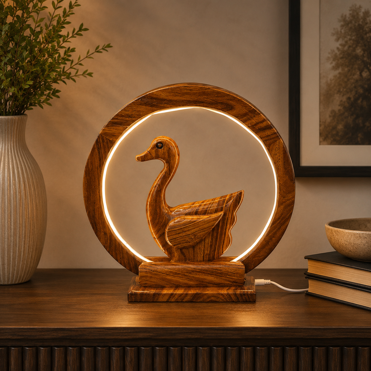 Handcrafted Sheesham Wood LED Lamp – Decorative Animal Night Light for Home & Office