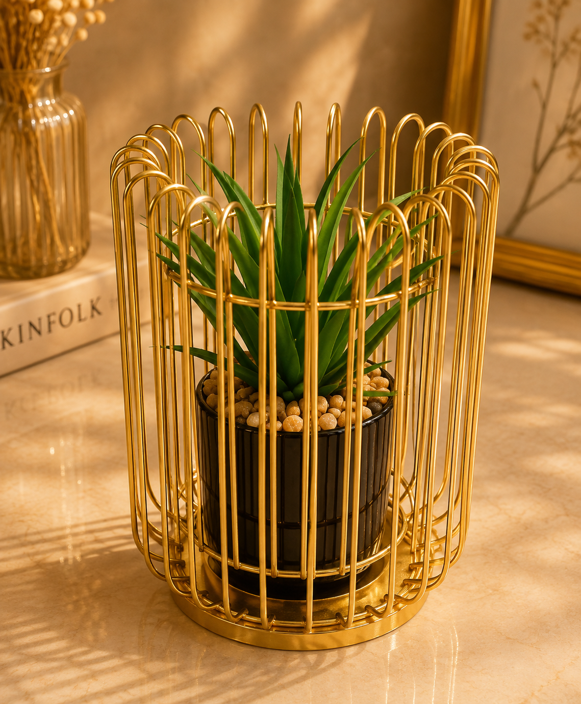 Luxury Gold Metal Plant Stand with Decorative Pot – Modern Tabletop Planter for Home & Office Decor