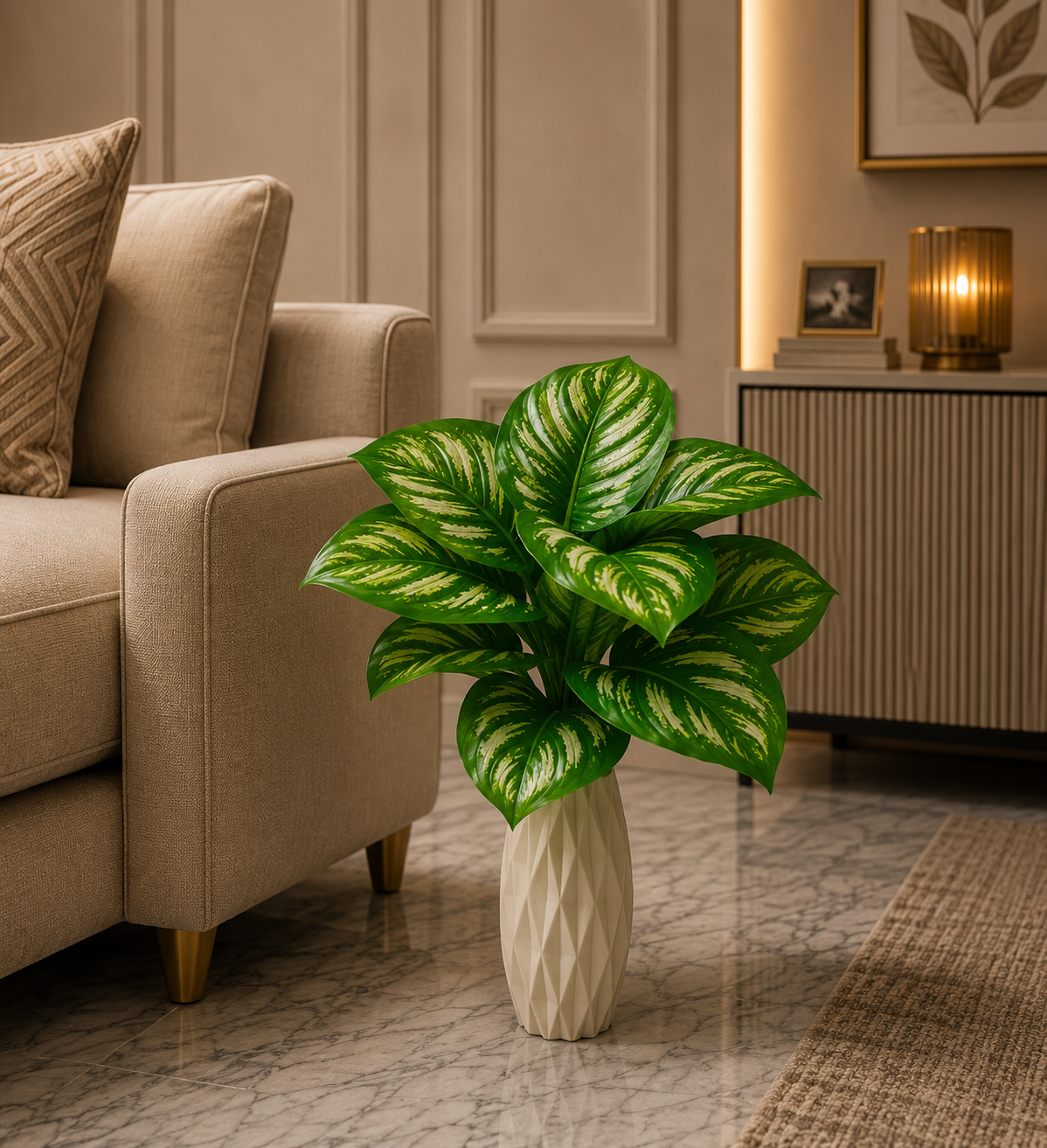 Artificial Dieffenbachia Plant with White Ceramic Vase – Realistic Faux Indoor Green Plant for Living Room, Office & Home Decoration (Ch088)