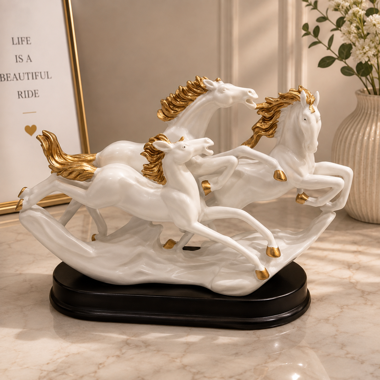 Luxury White & Gold Running Horses Statue – Modern Horse Sculpture for Home & Office Decor