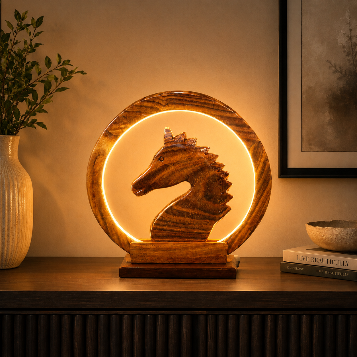 Handcrafted Sheesham Wood LED Lamp – Decorative Animal Night Light for Home & Office