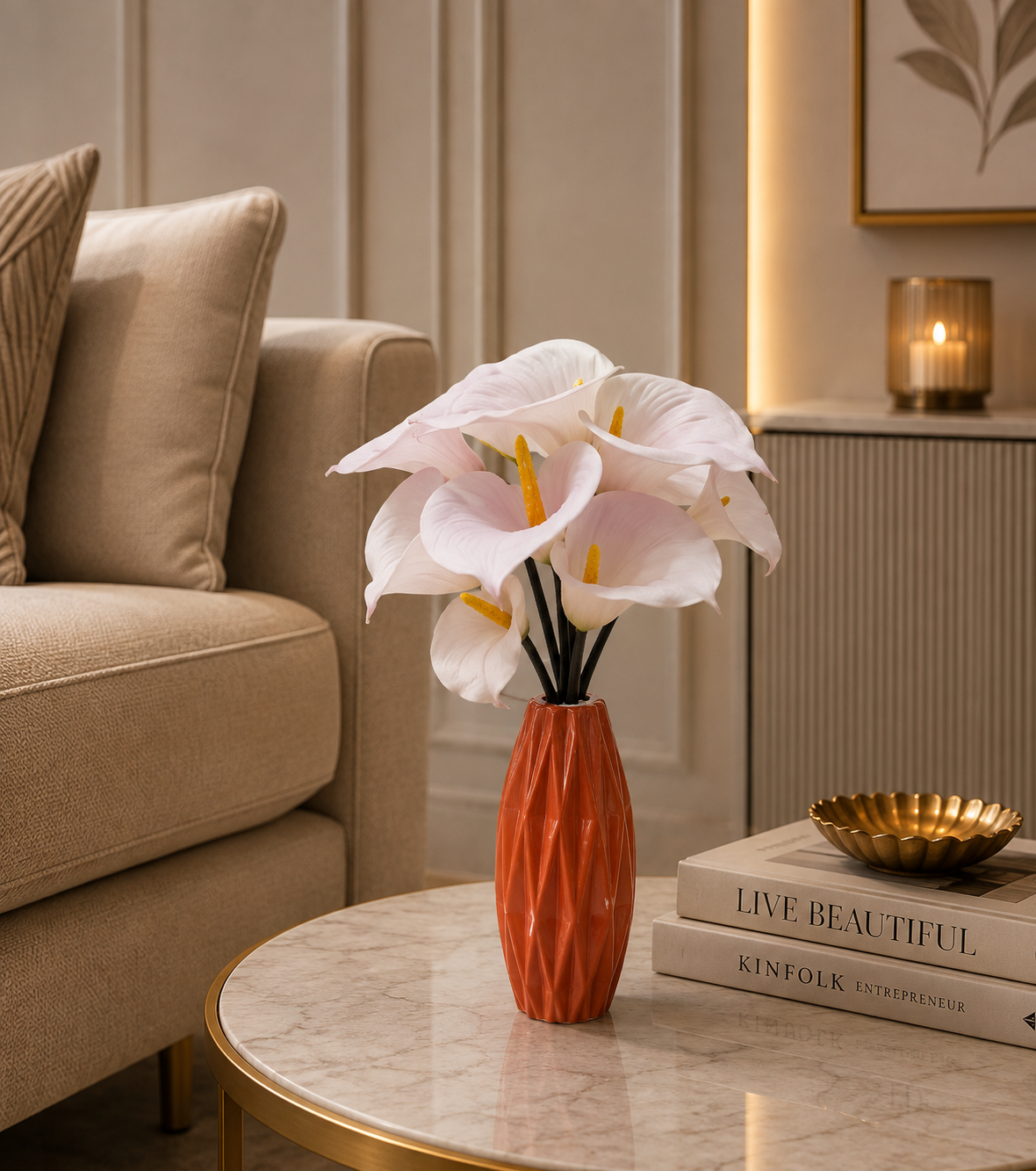 Artificial White Calla Lily Flower Arrangement with Orange Ceramic Vase – Elegant Faux Floral Décor for Living Room, Office & Home Decoration (Ch085)