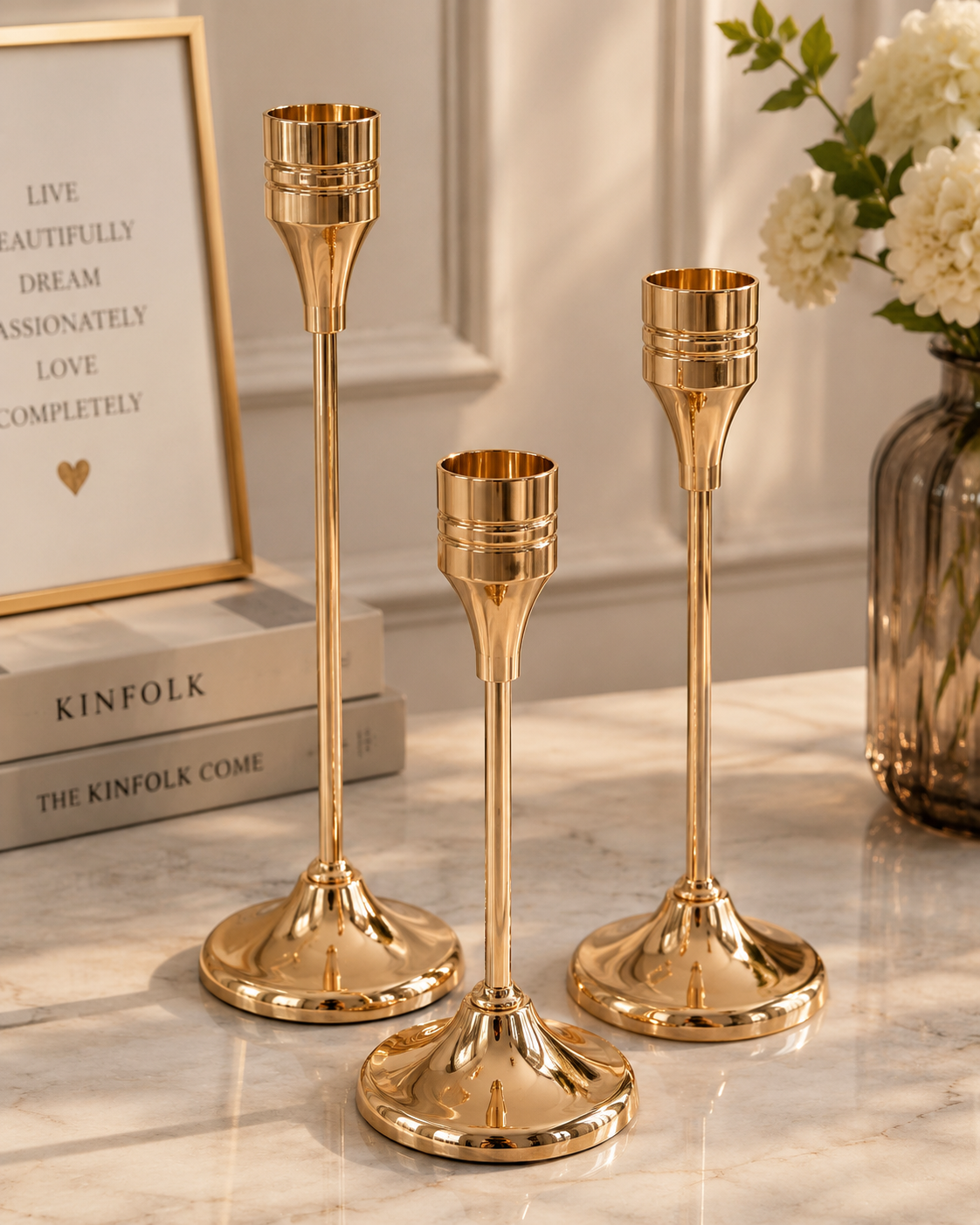 Luxury Gold and Black Metal Candle Holder Set of 3 – Modern Taper Candle Stands for Home Decor