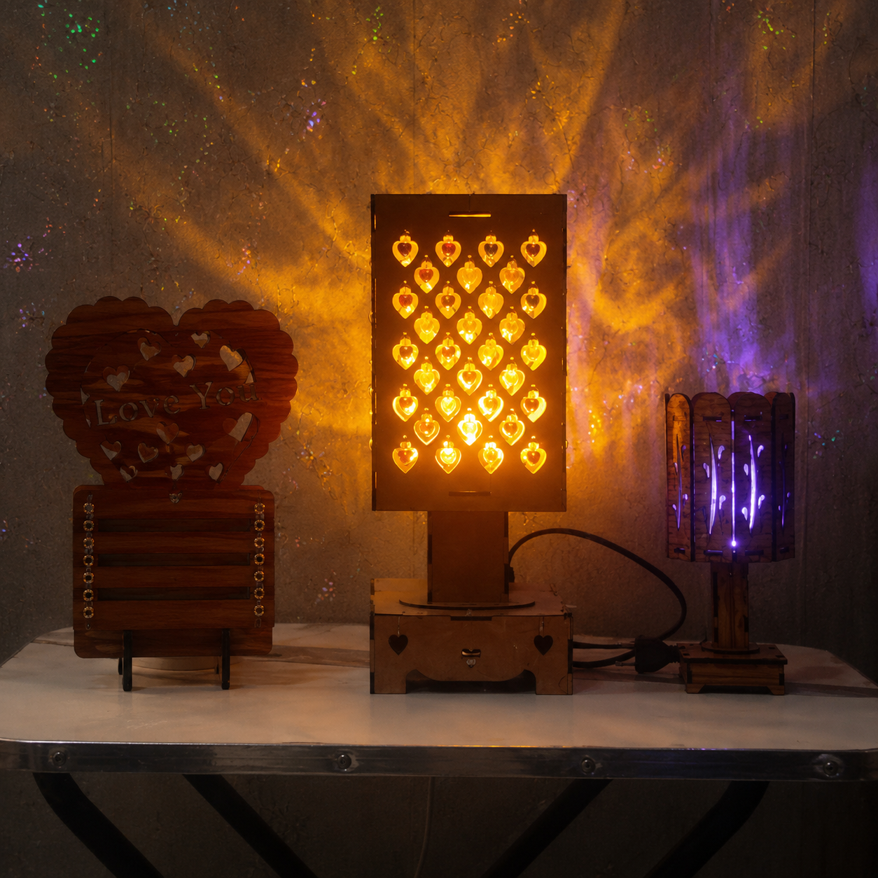 Heart Crystal Shadow Projection Wooden Lamp (2 Gift Free)