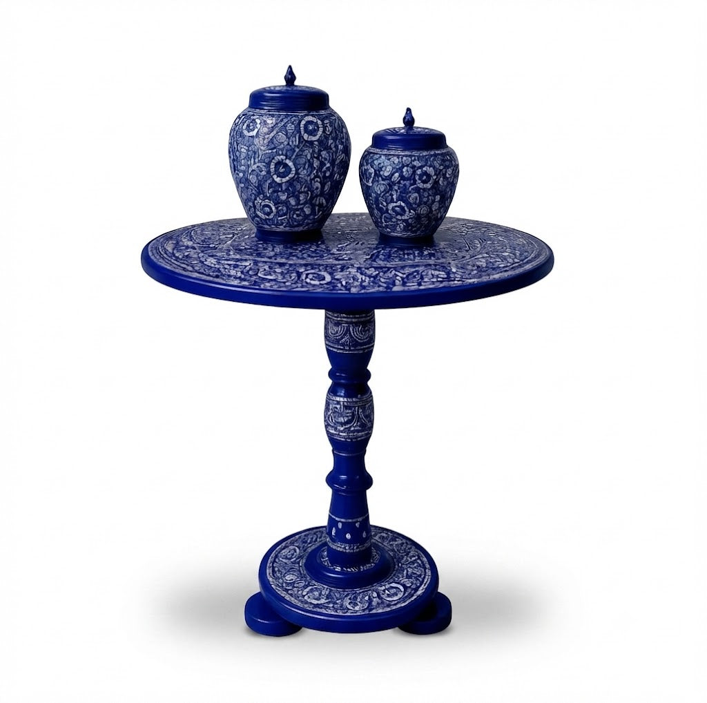 Hand-Painted Blue Naqashi Wooden Coffee Side Table with Decorative Jar Set | Premium Home Decor