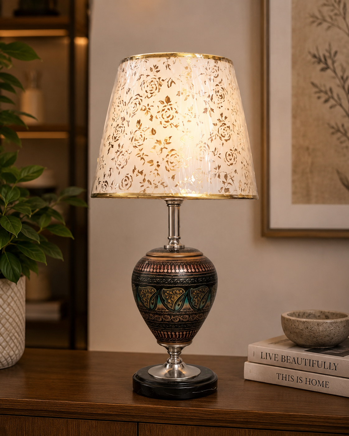 Handcrafted Decorative Table Lamp with Floral Fabric Shade | Vintage Bedside & Living Room Lamp