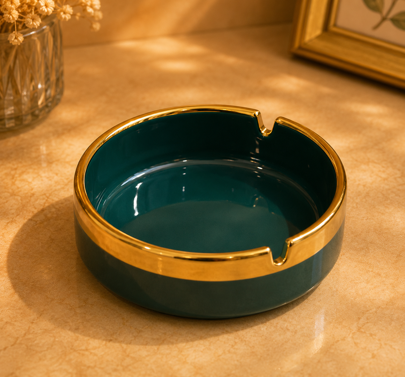 Luxury White Ceramic and Greeen Ashtray with Gold Rim – Modern Round Cigar & Cigarette Ash Holder for Home, Office & Table Décor
