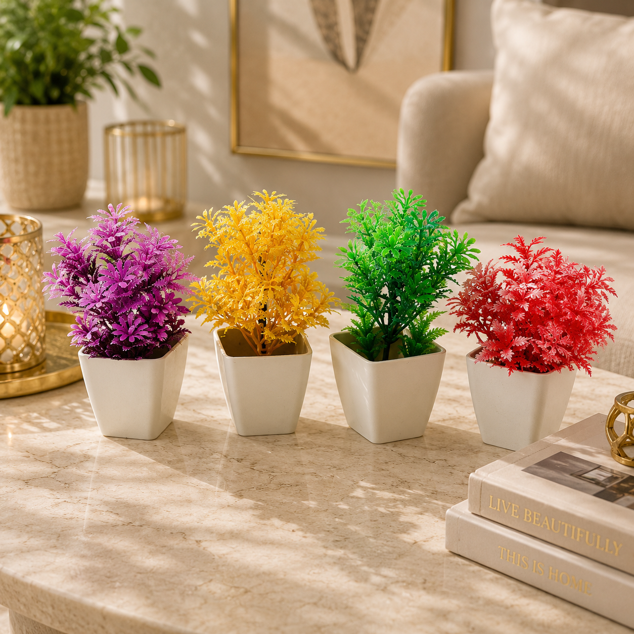 Set of 4 Colorful Artificial Plants in White Pots | Decorative Mini Faux Plants for Home & Office