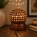 Handcrafted Wooden Dome Table Lamp | Decorative Ambient Night Light with Artistic Perforation