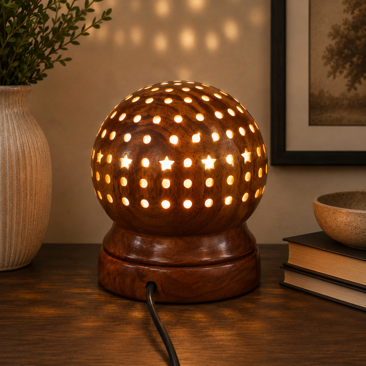 Handcrafted Wooden Dome Table Lamp | Decorative Ambient Night Light with Artistic Perforation