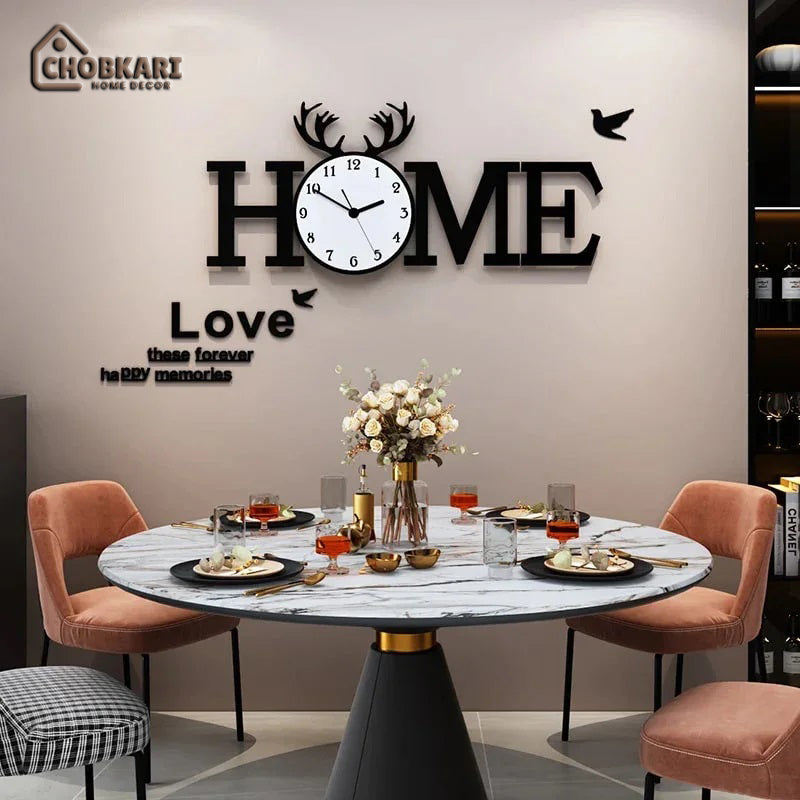 HOME Wooden Wall Clock – Modern Family Wall Decor with Love Quote
