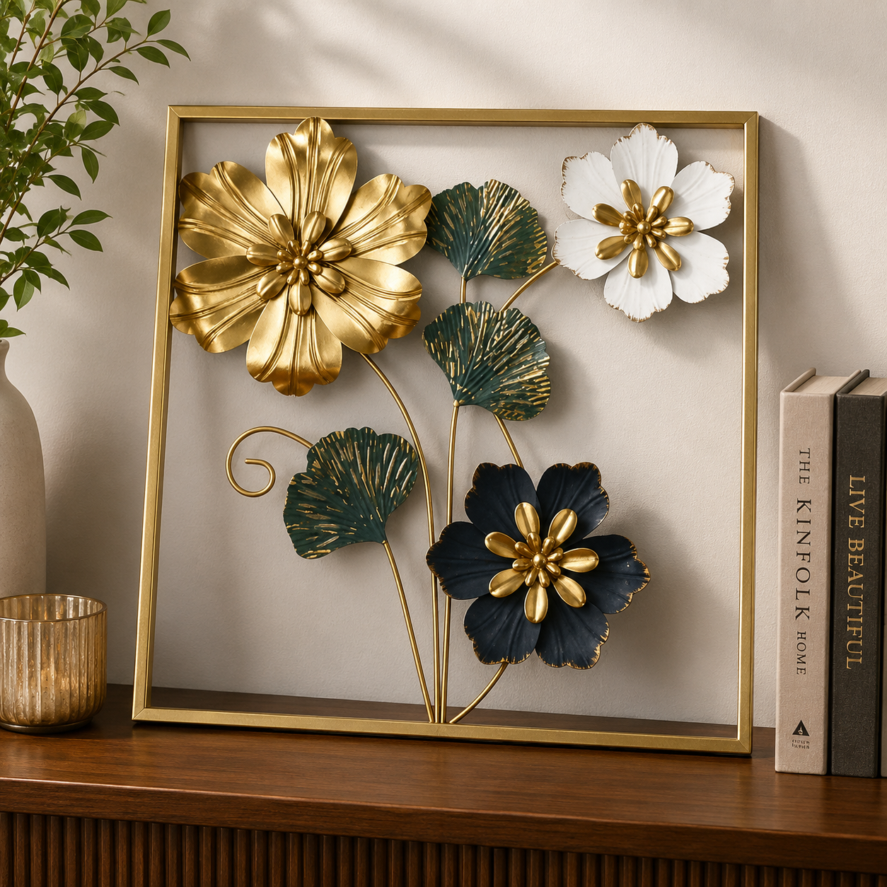 Luxury Metal Floral Wall Art Frame – Modern 3D Gold Flower Wall Décor
