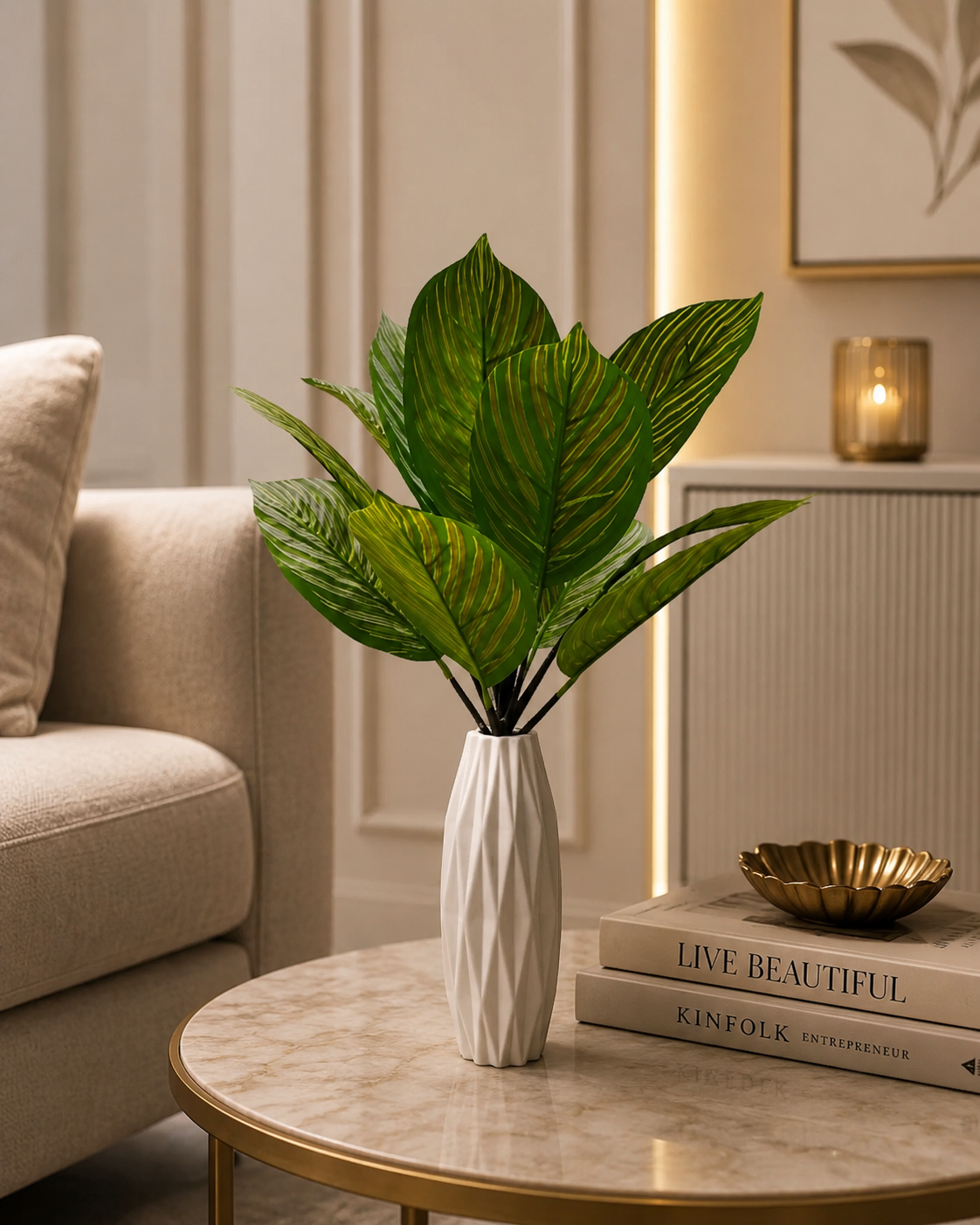 Artificial Green Leaf Plant with Modern White Ceramic Vase – Decorative Tabletop Indoor Plant for Home & Office Décor (Ch082)