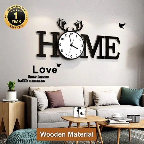 HOME Wooden Wall Clock – Modern Family Wall Decor with Love Quote