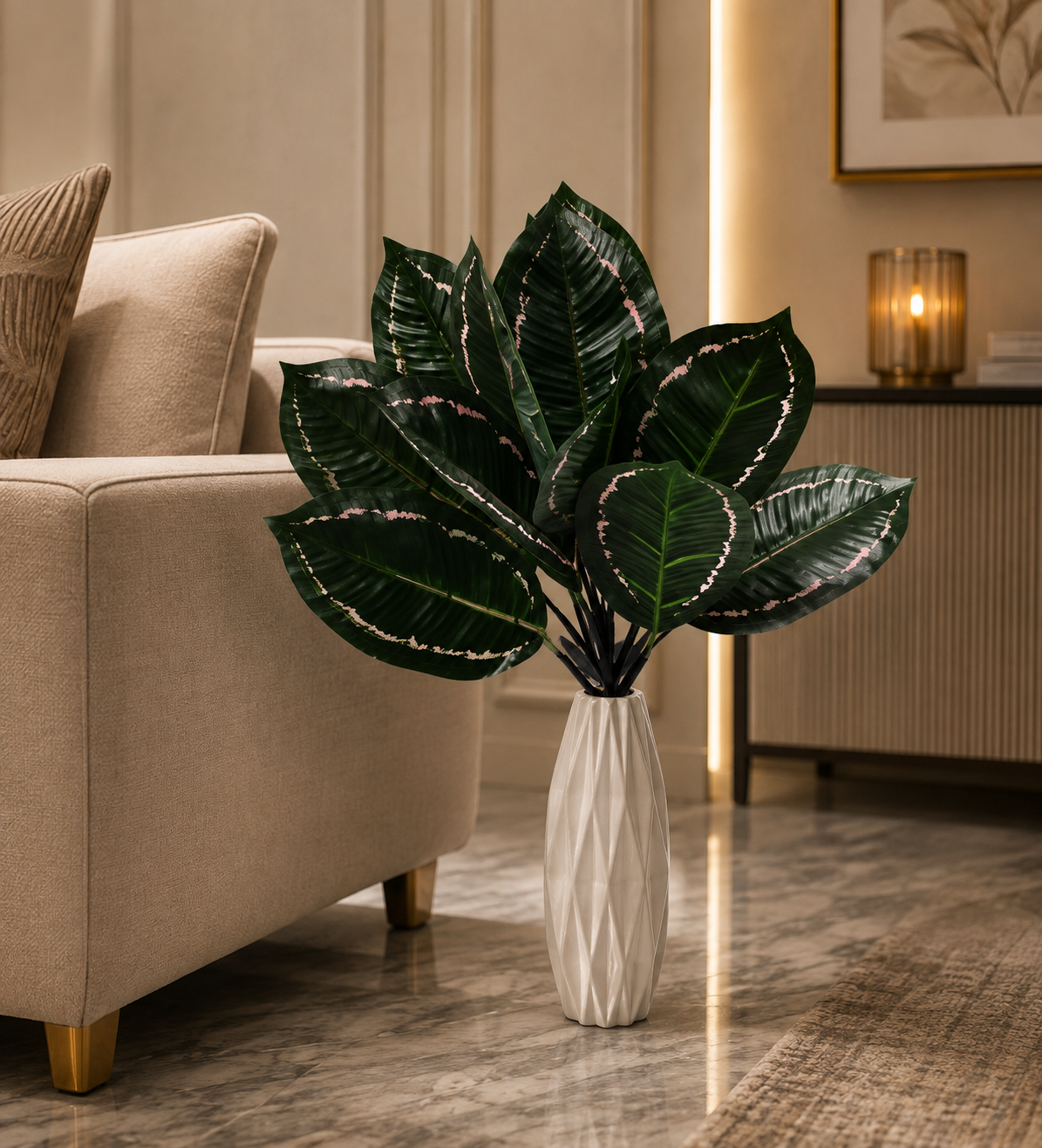 Artificial Rubber Plant with White Ceramic Vase – Realistic Indoor Green Plant for Living Room, Office & Home Decoration (Ch083)