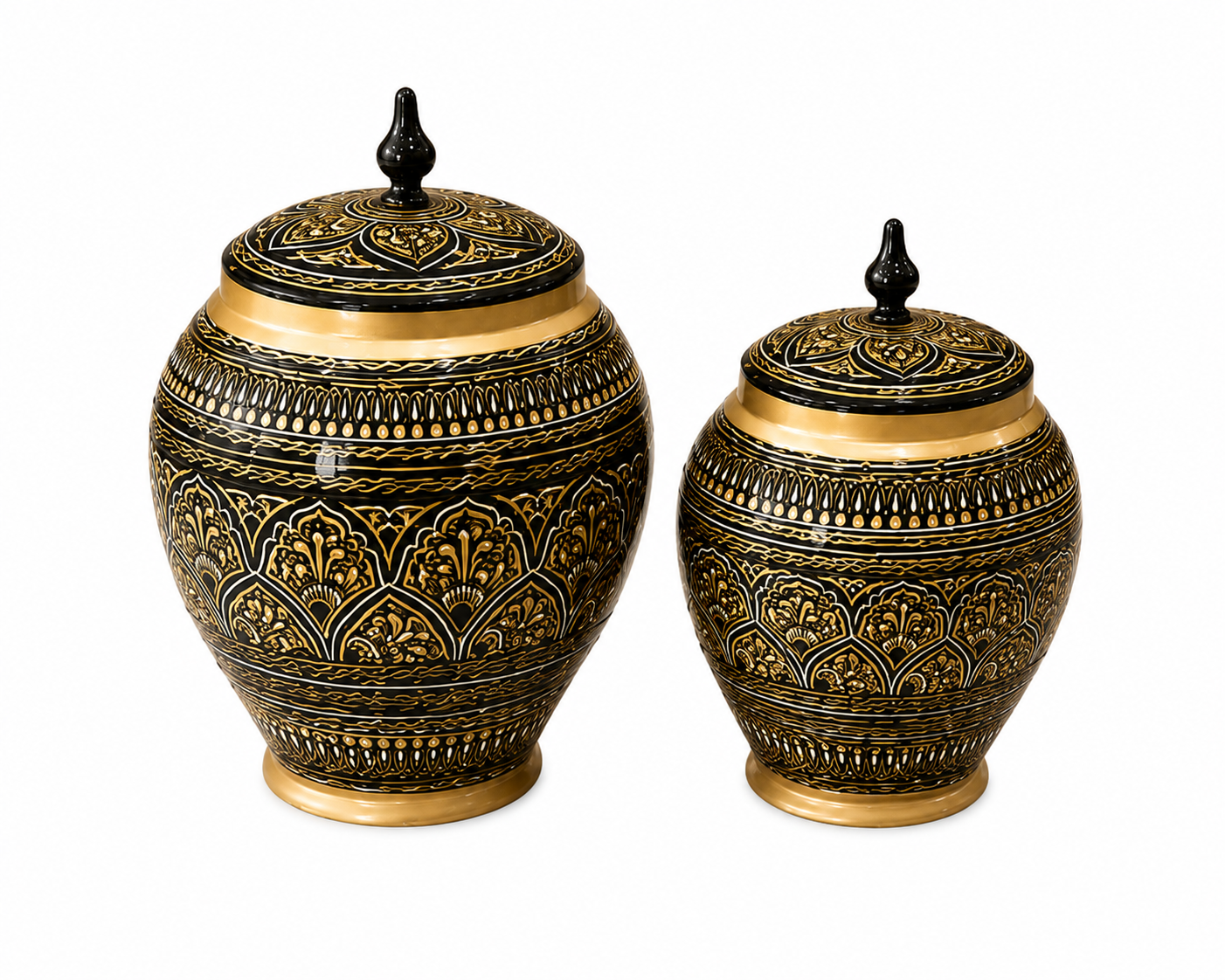Hand-Painted Black & Gold Naqashi Wooden Coffee Side Table with Decorative Jar Set | Luxury Home Décor