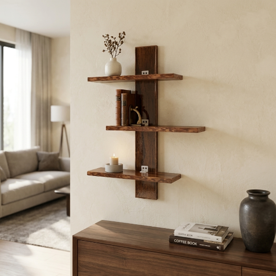 3-Tier Wooden Floating Wall Shelf – Rustic Wall Mounted Display Shelf for Living Room, Bedroom & Office WS 0101