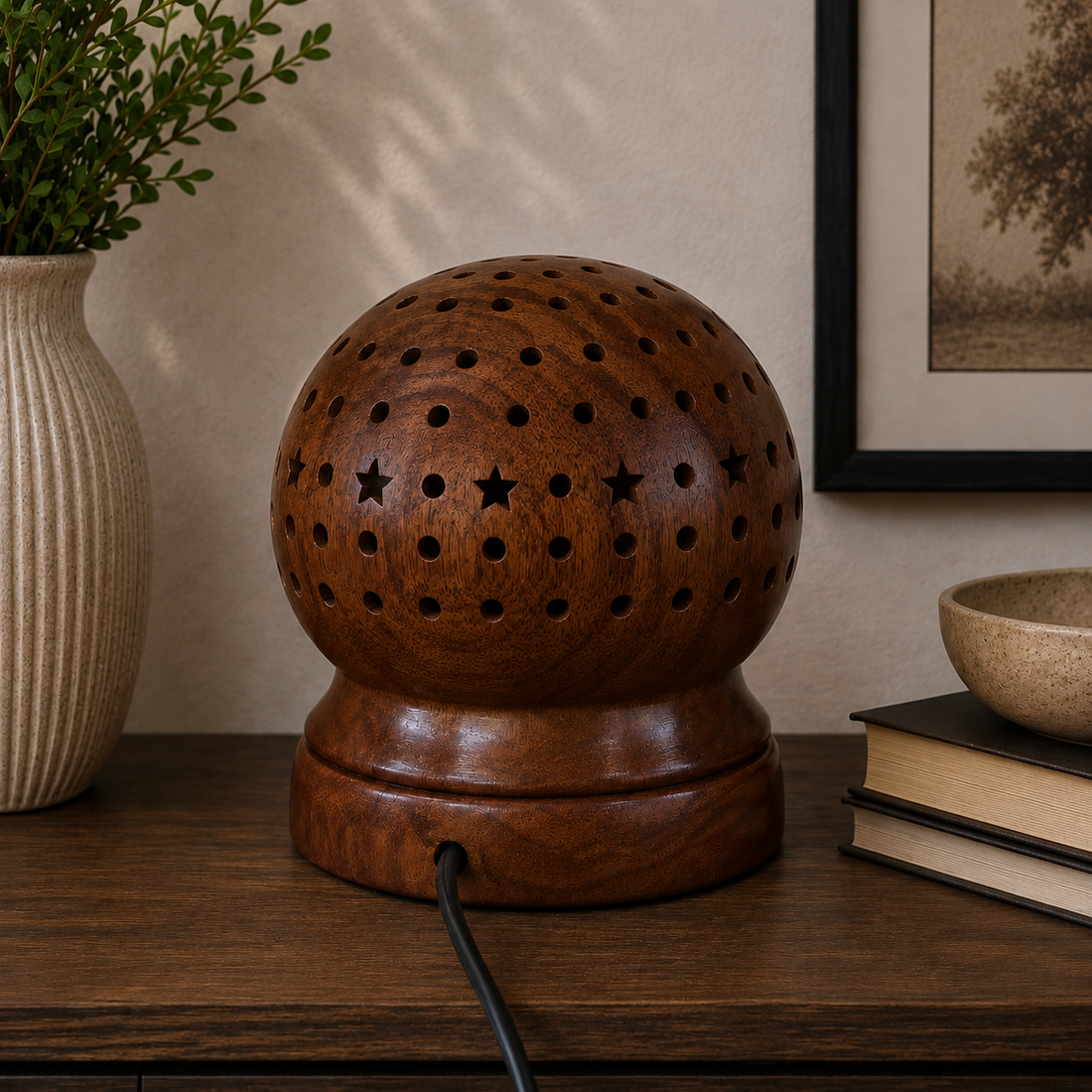 Handcrafted Wooden Dome Table Lamp | Decorative Ambient Night Light with Artistic Perforation