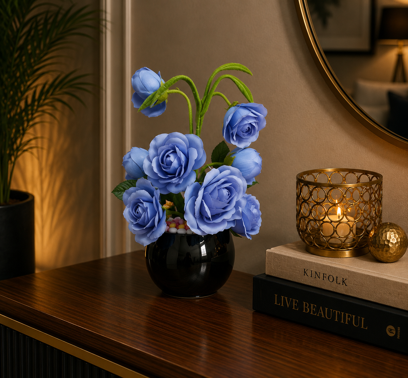 Luxury Artificial Blue Rose Flower Arrangement in Black Ceramic Vase | Elegant Modern Tabletop Home Decor CH 0050