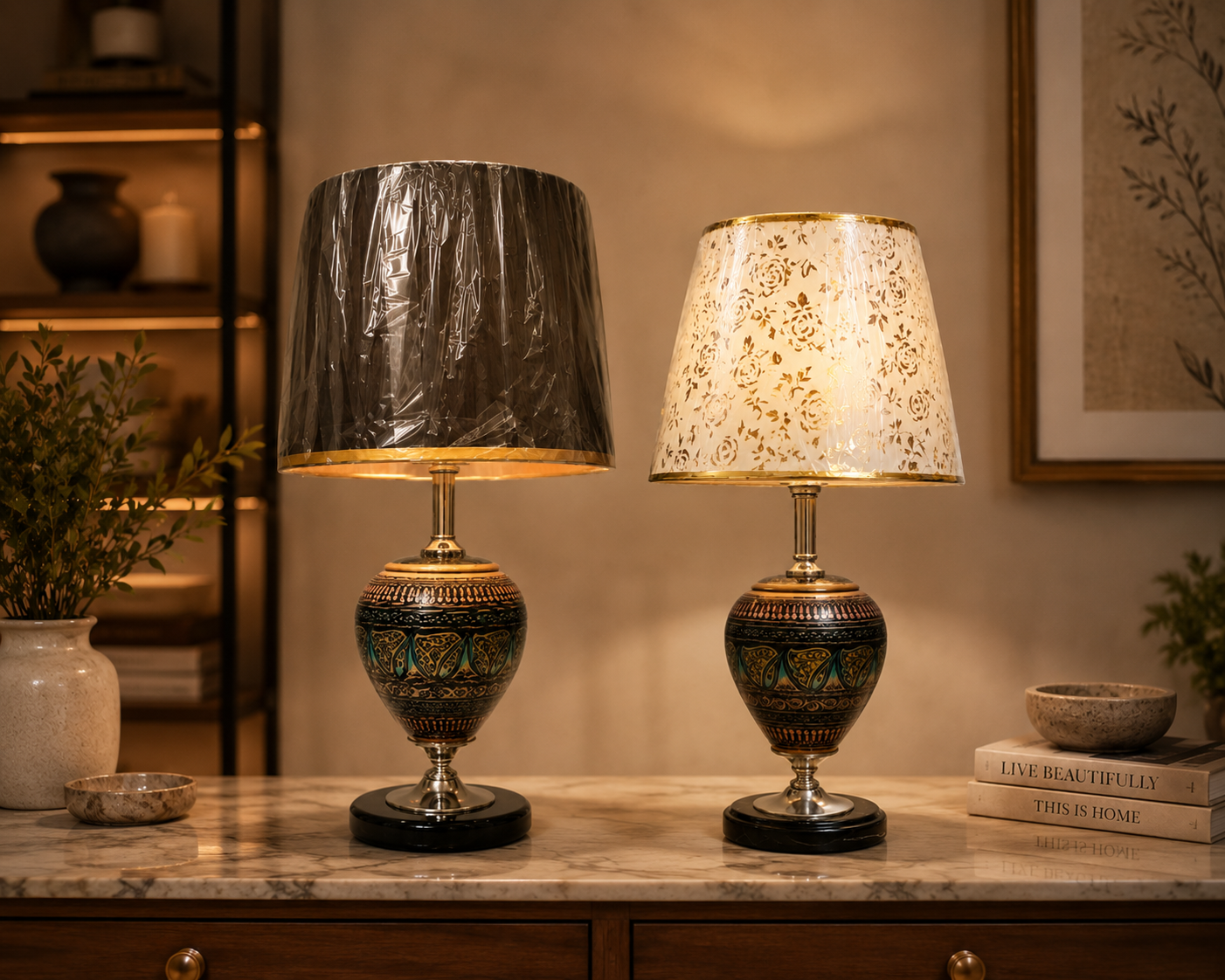 Handcrafted Decorative Table Lamp with Floral Fabric Shade | Vintage Bedside & Living Room Lamp