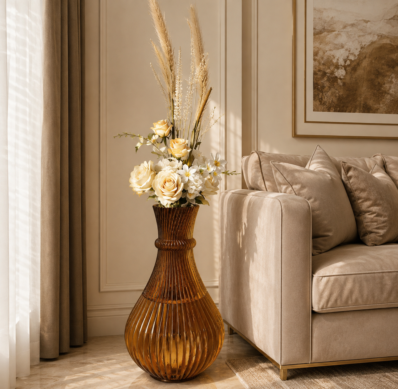 Artificial White Rose Floor Flower Arrangement in Decorative Vase – Luxury Standing Floral Décor for Living Room & Home (Ch081)