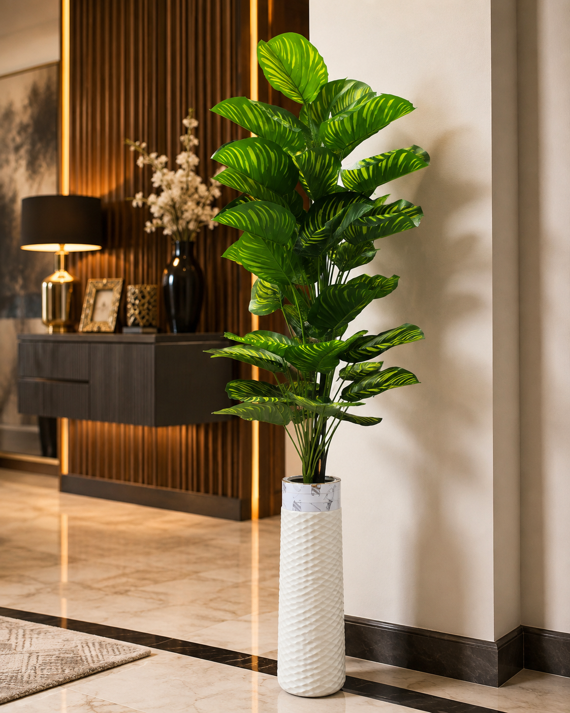 Artificial Green Plant with Decorative White Vase | Tall Indoor Floor Plant for Home & Office Décor CH 0089