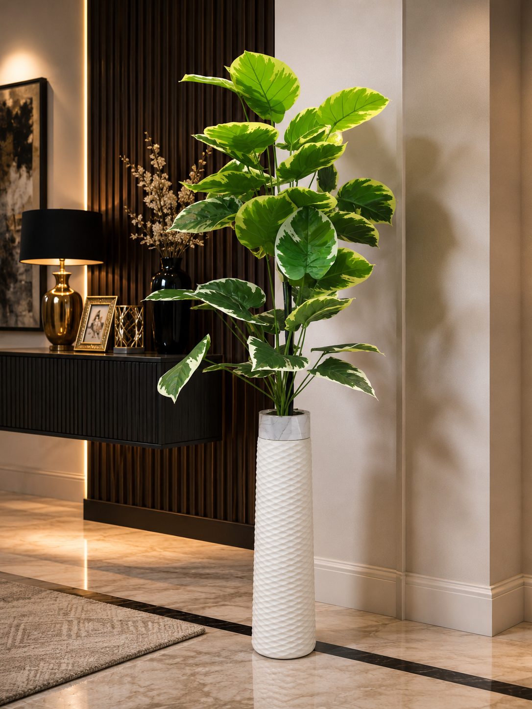 Artificial Variegated Green Plant with Decorative White Vase CH 0090