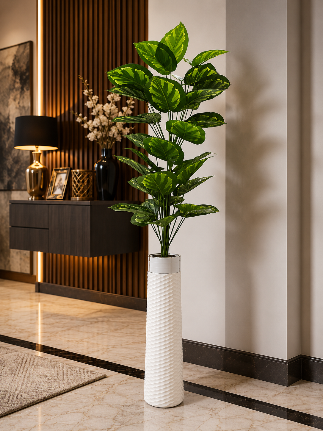 Artificial Green Leaf Plant with White Decorative Vase, Home & Office Décor CH 0092
