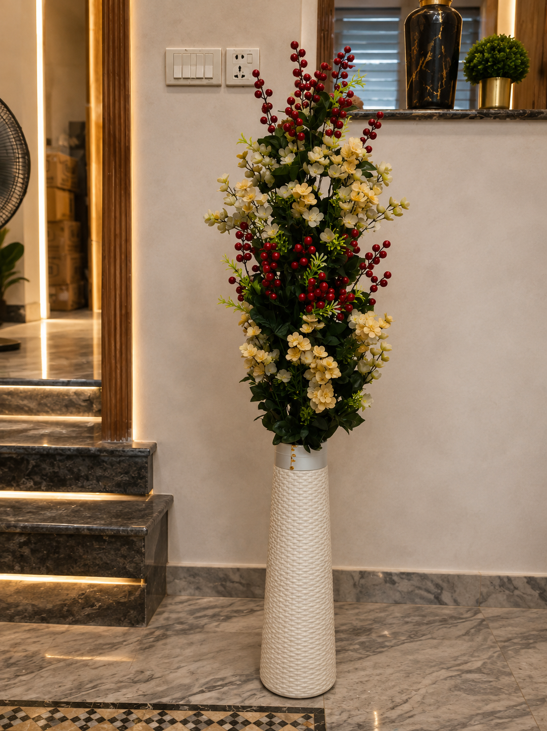 Artificial Flower Arrangement with Red Berries & White Decorative Vase CH 0094