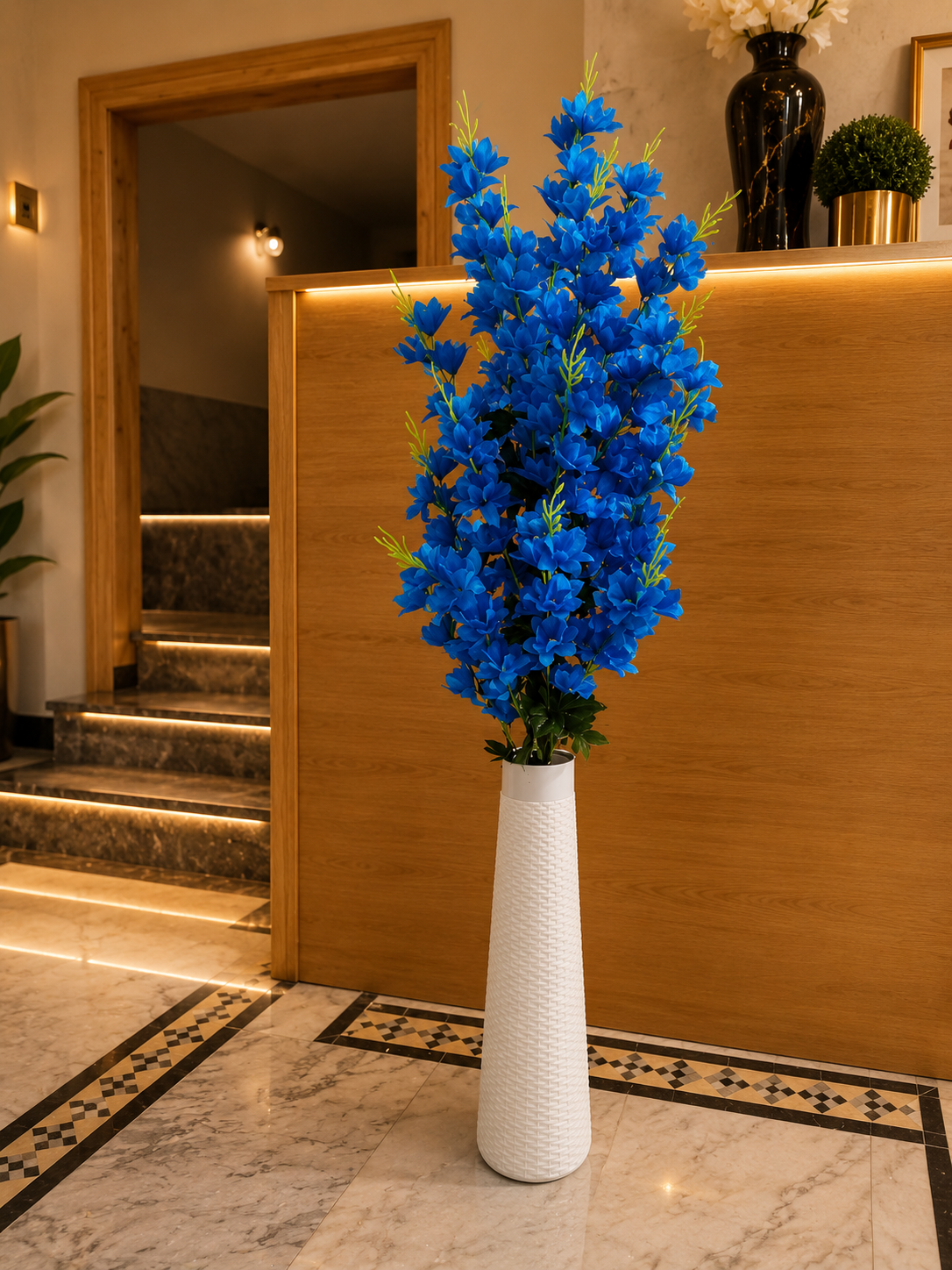 Blue Artificial Flowers with Tall Decorative Vase for Home & Office Décor CH 0095