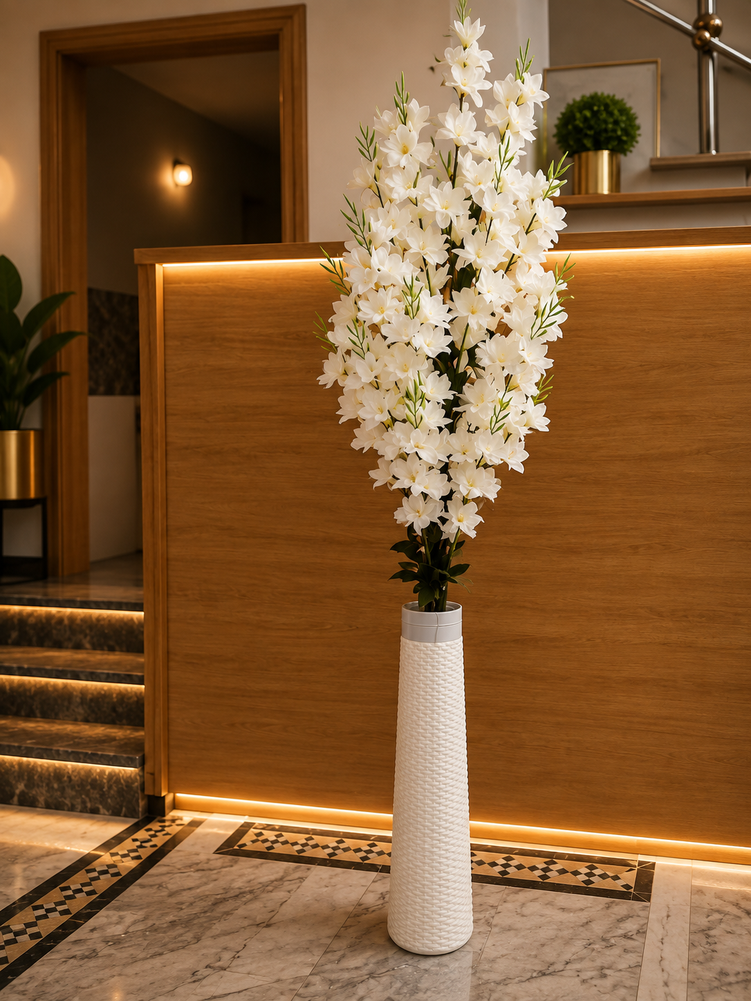 White Artificial Flowers with Tall Decorative Vase Arrangement for Home & Office Décor CH 0096
