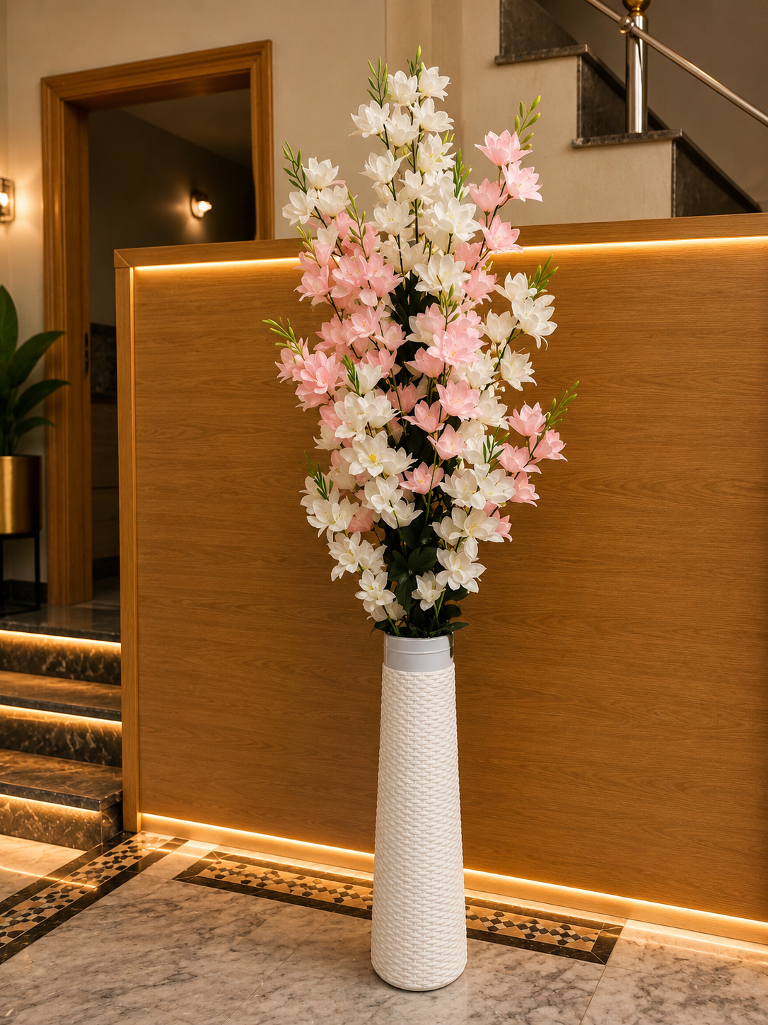 Pink & White Artificial Flowers with Tall Decorative Vase CH 0097