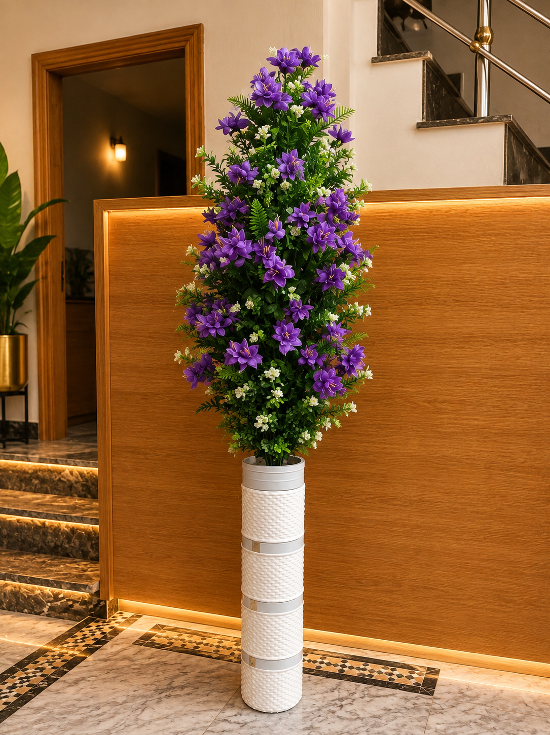 Purple Artificial Flowers with Tall Decorative Vase | Faux Flower Arrangement for Home & Office Décor CH 0099